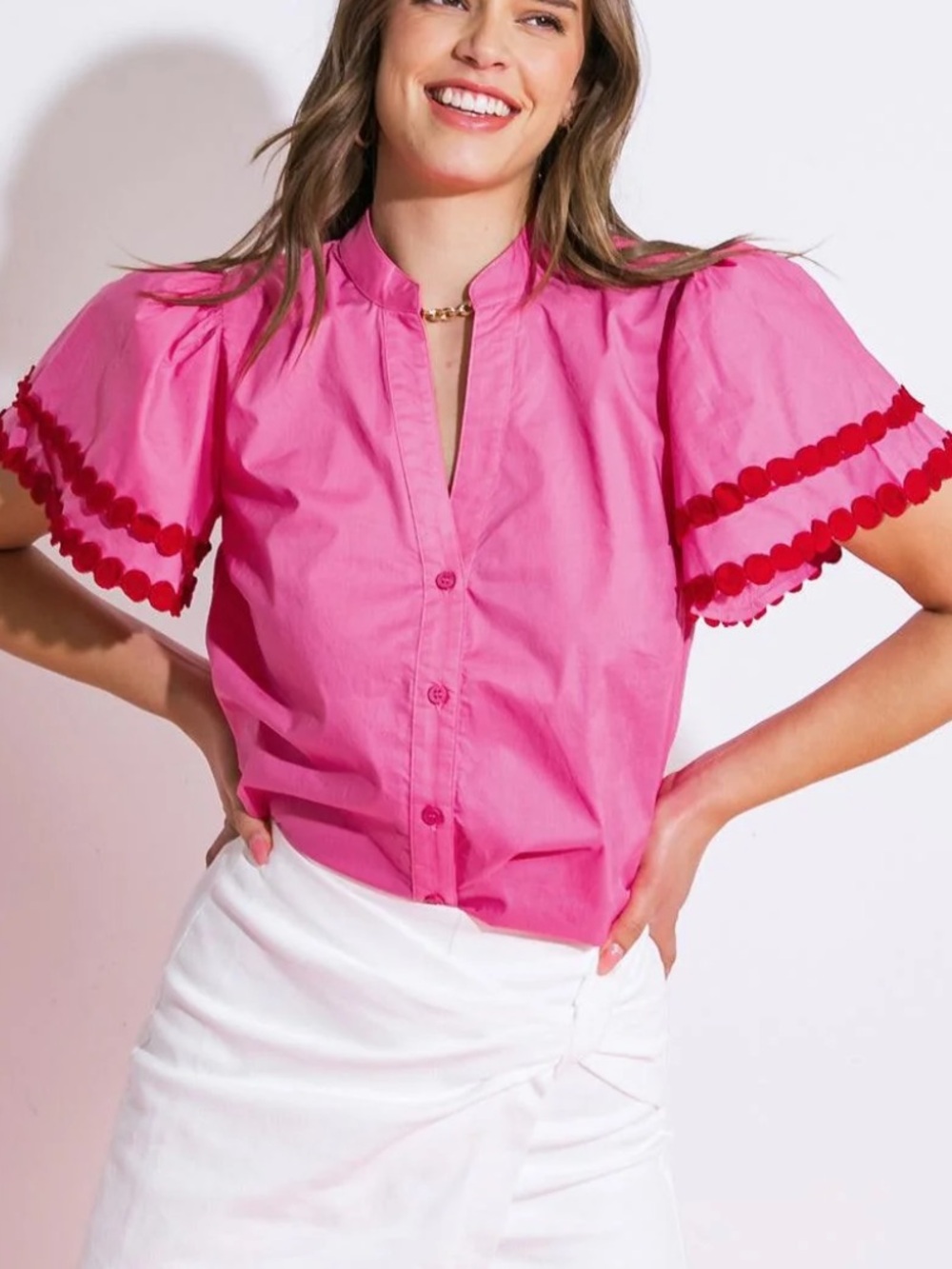 Flying Tomato Bright Pink Cotton button frontwith red embroidered trim NWT Size